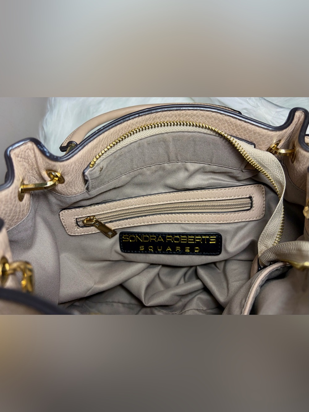 SONDRA ROBERTS Beige Woven Satchel w/Gold Hardware - Picture 9 of 13
